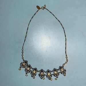 Vintage signed Lizpaiacios S.F. Bronze Chain Rhinestone Flower pearl Necklace